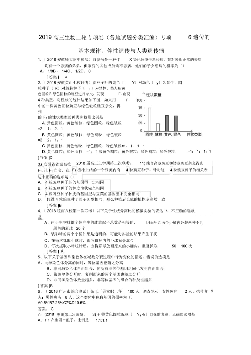 高三生物二轮专项卷(各地试题分类汇编)专项6遗传的基本规律、伴性遗传与人类遗传病.docx_第1页