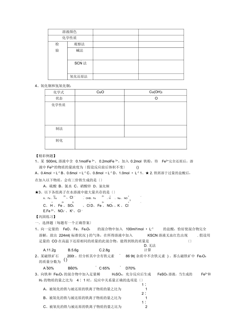 高一化学暑假功课铁、铜的化合物及性质.docx_第2页