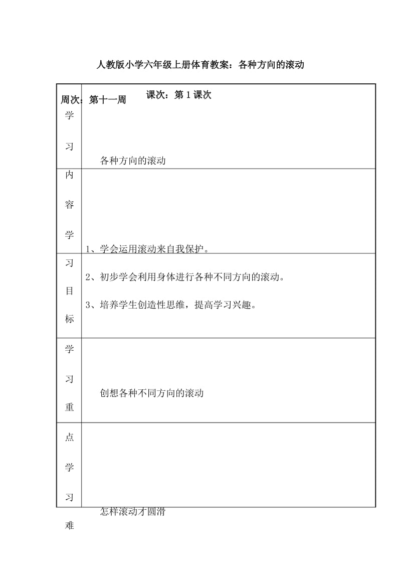 人教版小学六年级上册体育教案：各种方向的滚动.docx_第1页