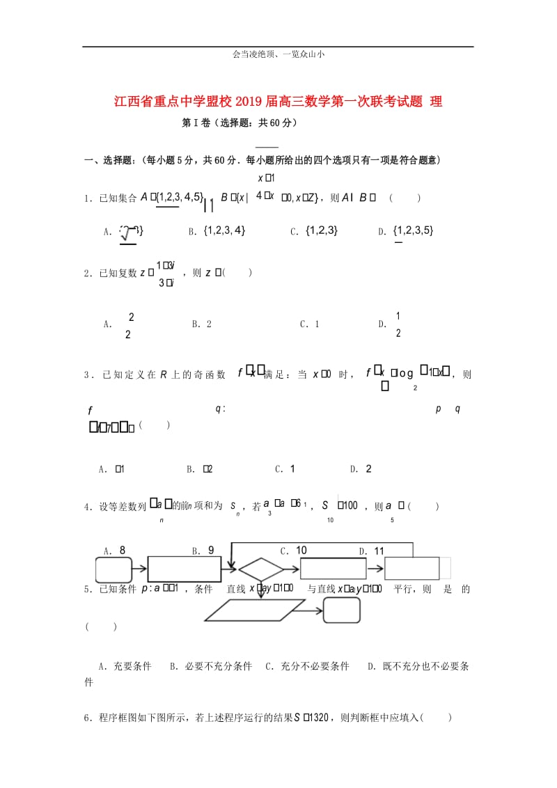 江西省重点中学盟校2019届高三数学第一次联考试题理1236.docx_第1页