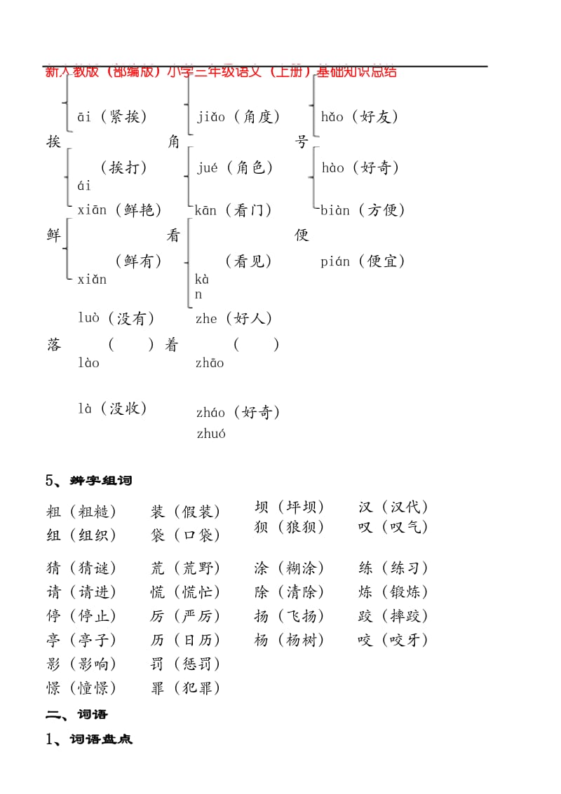 新人教版(部编版)小学三年级语文(上册)第一单元基础知识总结 - A5书籍折页版.docx_第3页