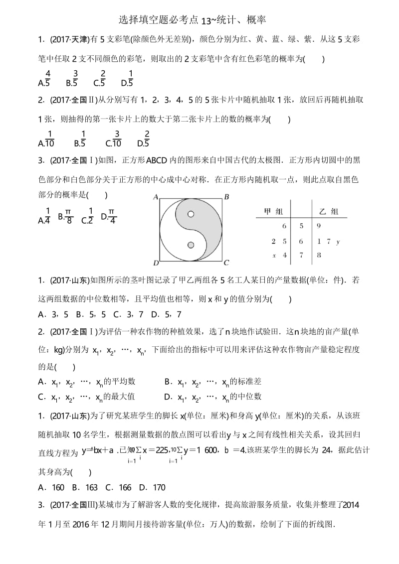 2018届高三文数必考点之选择填空题必考点13-统计、概率.docx_第1页