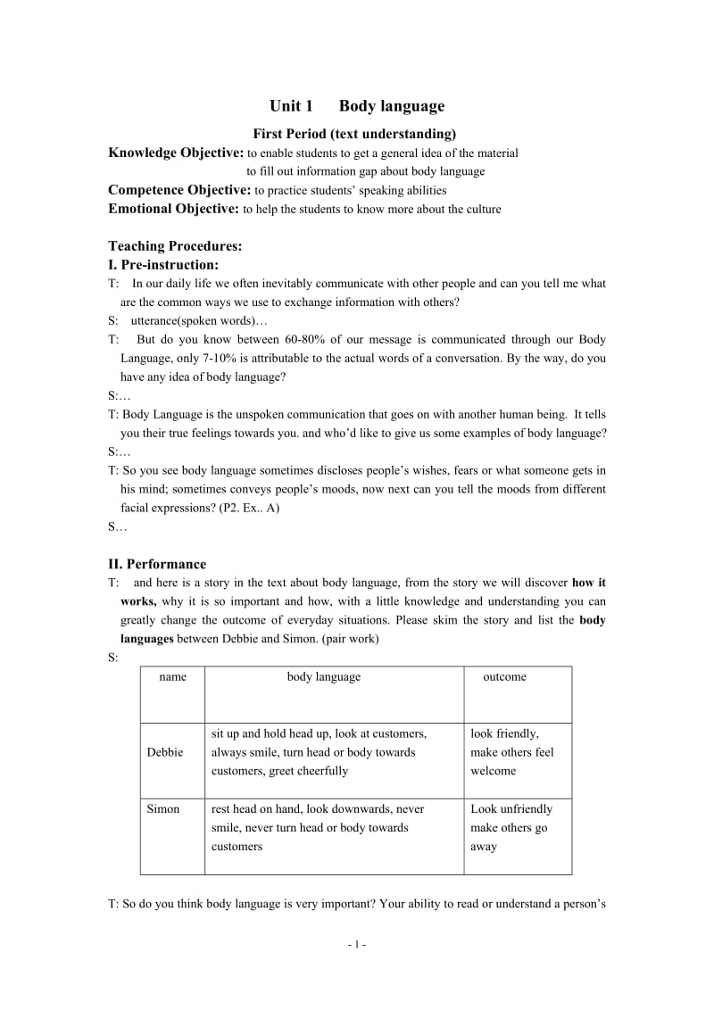 上海牛津高一英语教案U1 Body Language.doc_第1页