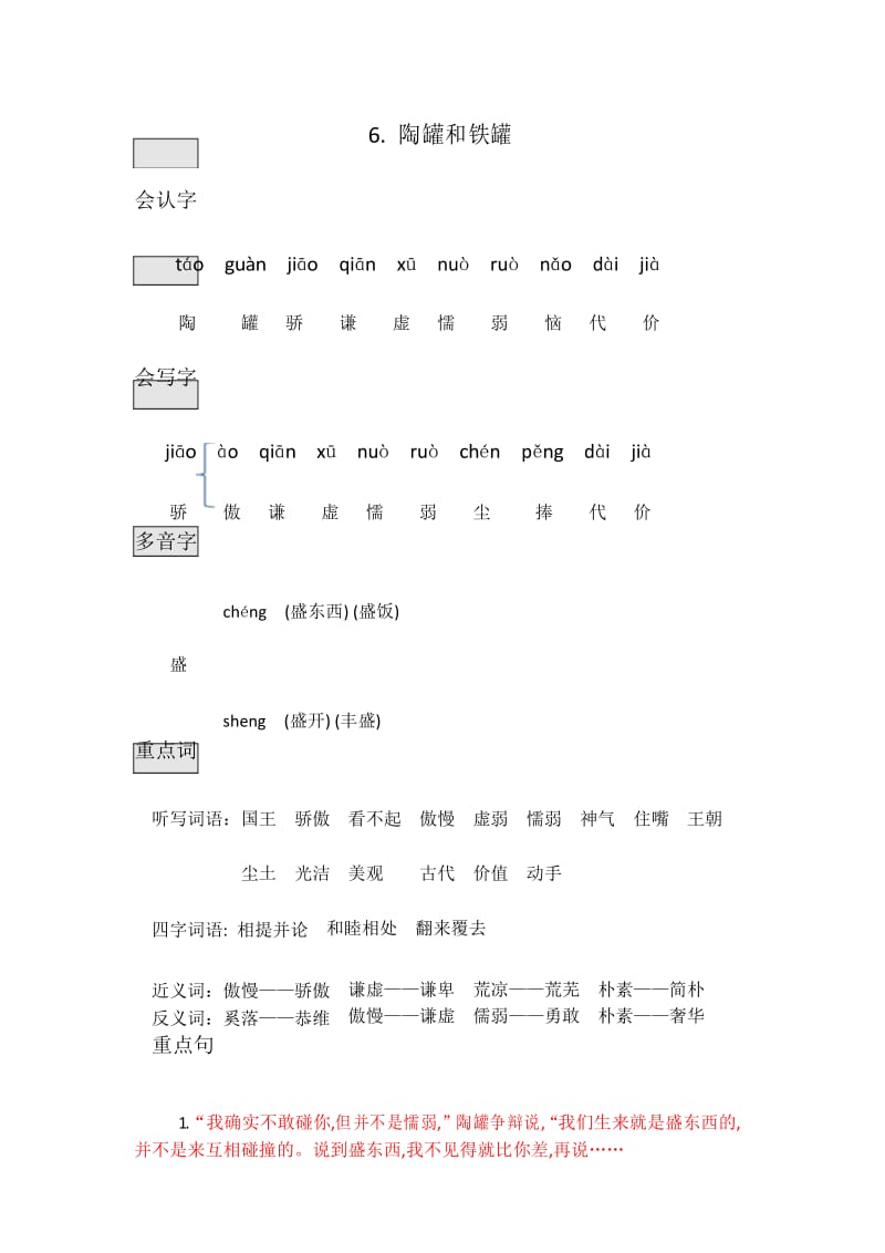 部编版三年级语文下册第6课《陶罐和铁罐》知识点总结课堂笔记.docx_第1页