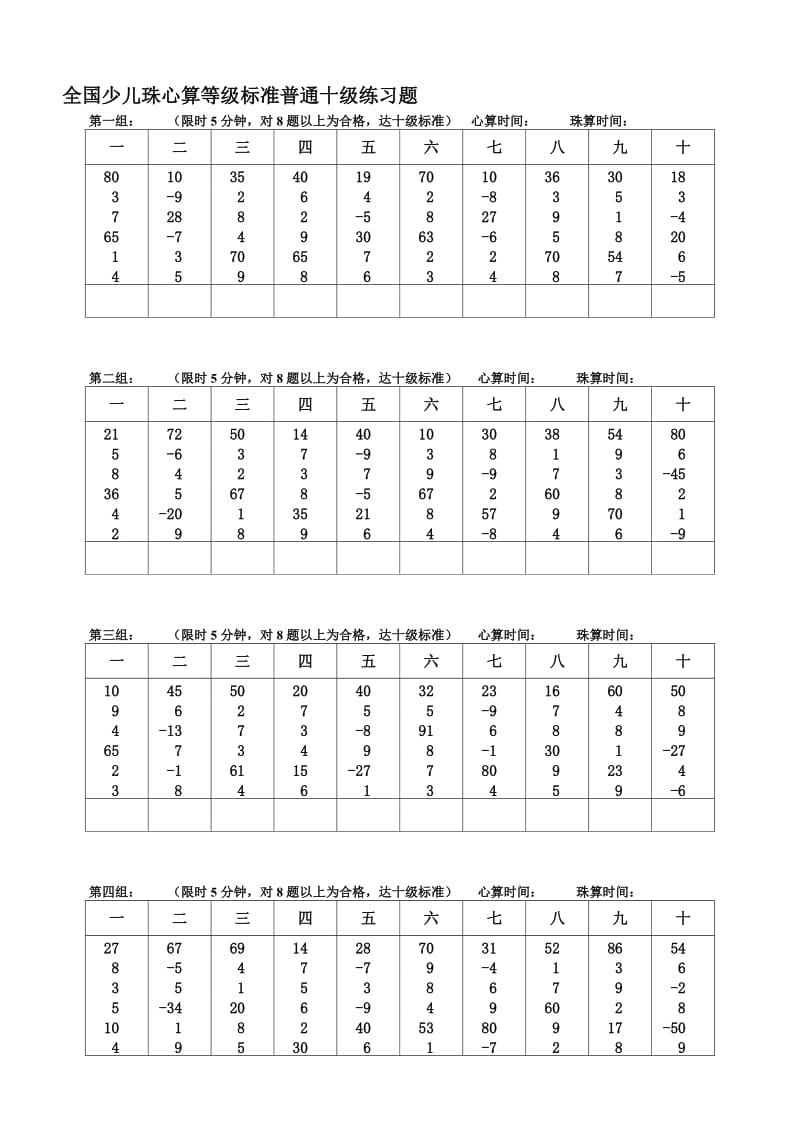 全国少儿珠心算等级标准普通十级练习题.doc_第1页