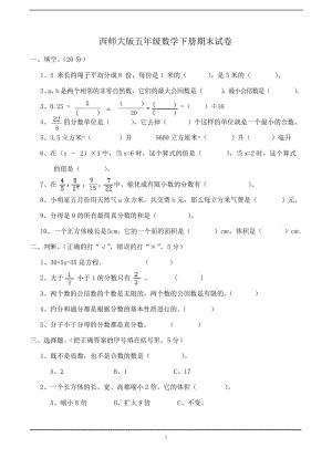 2019西师大版五年级数学下册期末测试(卷).docx