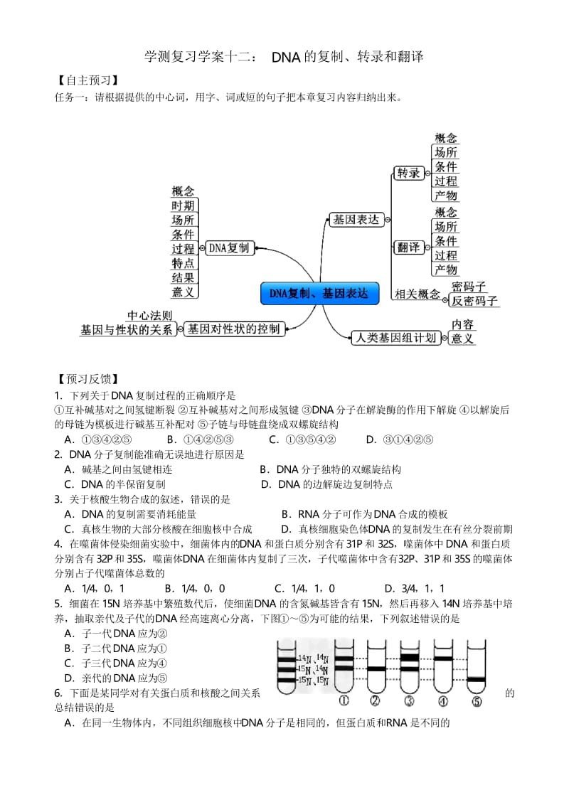 学测复习学案十二：DNA的复制、转录和翻译.docx_第1页