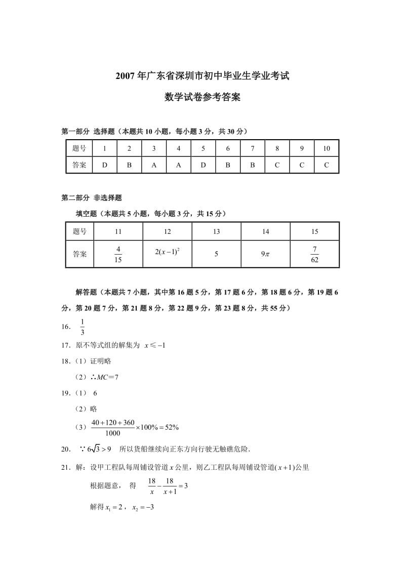 广东省深圳市初中毕业生学业考试数学试题答案.doc_第1页