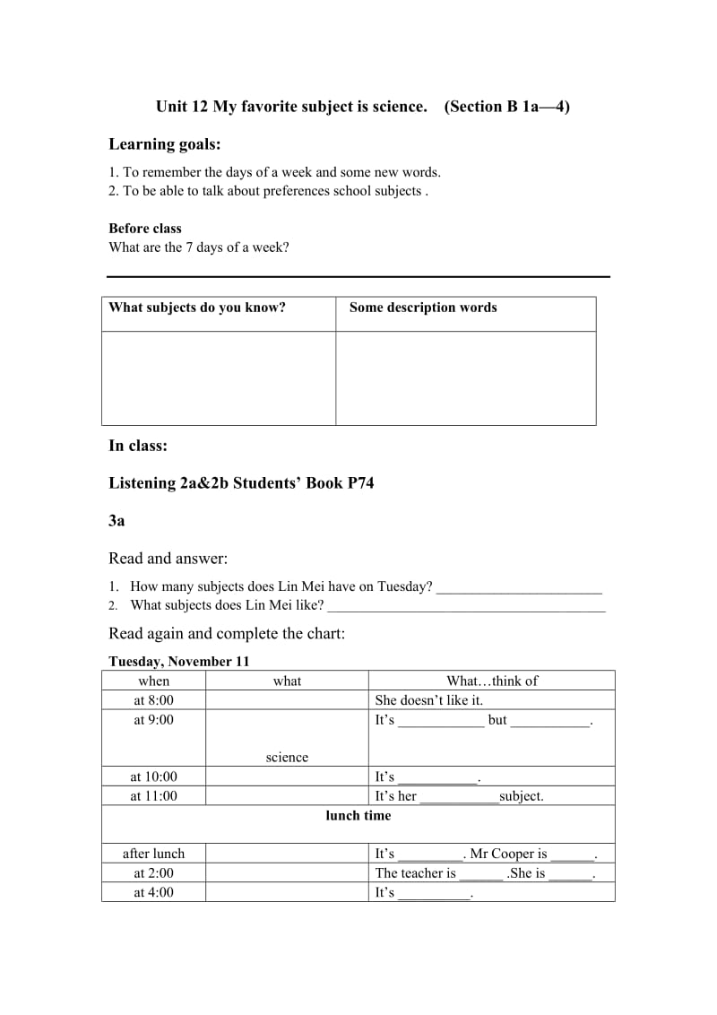 人教版新目标初中英语七年级上册Unit 12《 My favarite subject is science.》精品学案.doc_第1页