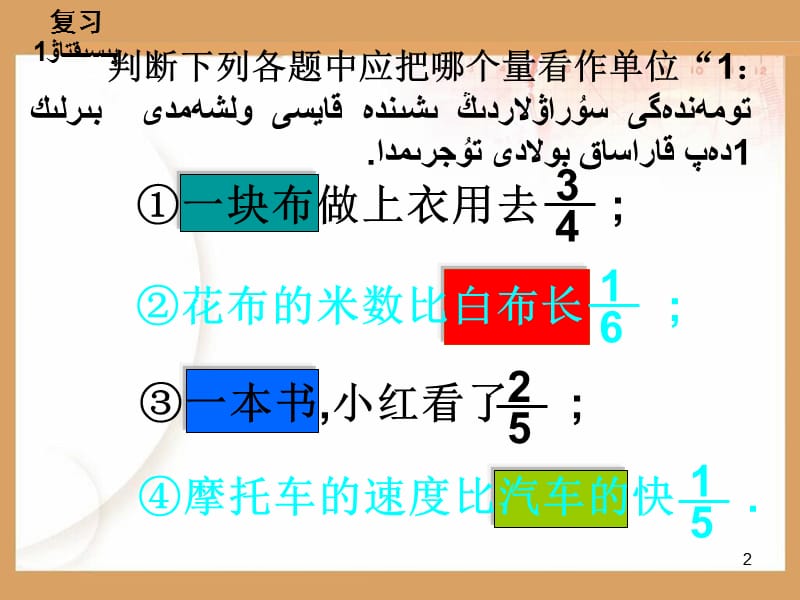 数学【人教版】六年级上 分数乘法解决问题哈语课件.ppt_第2页