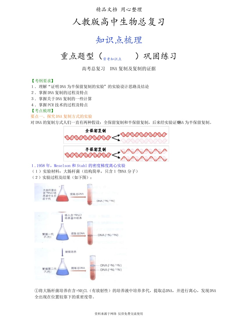 人教版高中生物总复习[知识点整理及重点题型梳理]——DNA复制及复制的证据.docx_第1页