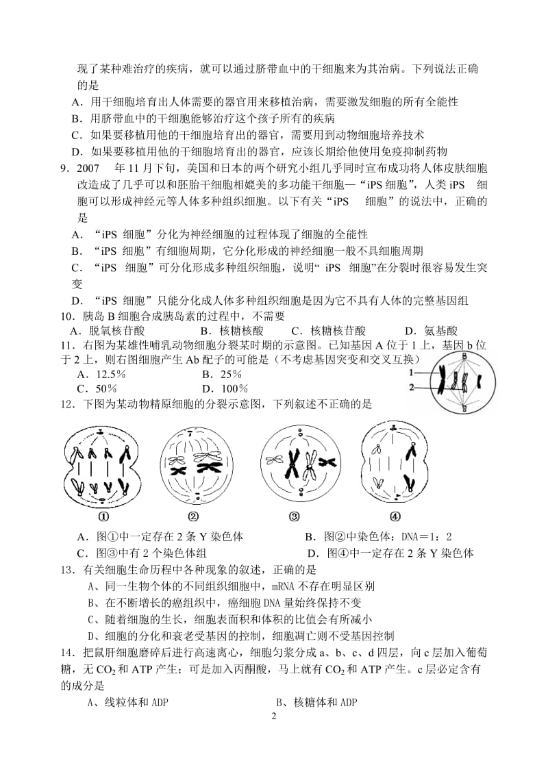 北京市育才学校高三生物期中考试试卷.doc_第2页