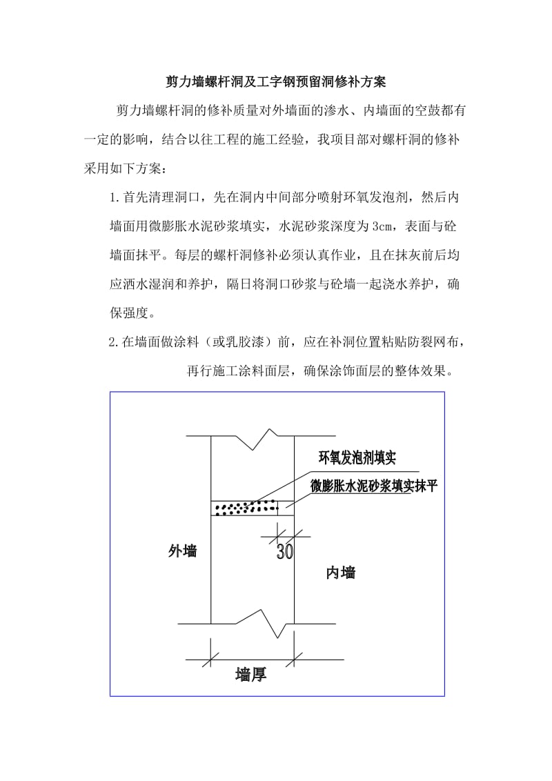 剪力墙螺杆洞及工字钢预留洞修补方案.doc_第1页