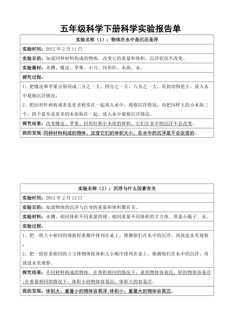 教科版五年级下册科学实验报告单.doc_第1页