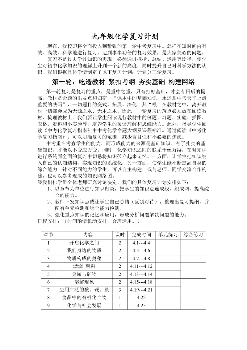 沪教版化学九年级化学复习计划.doc_第1页