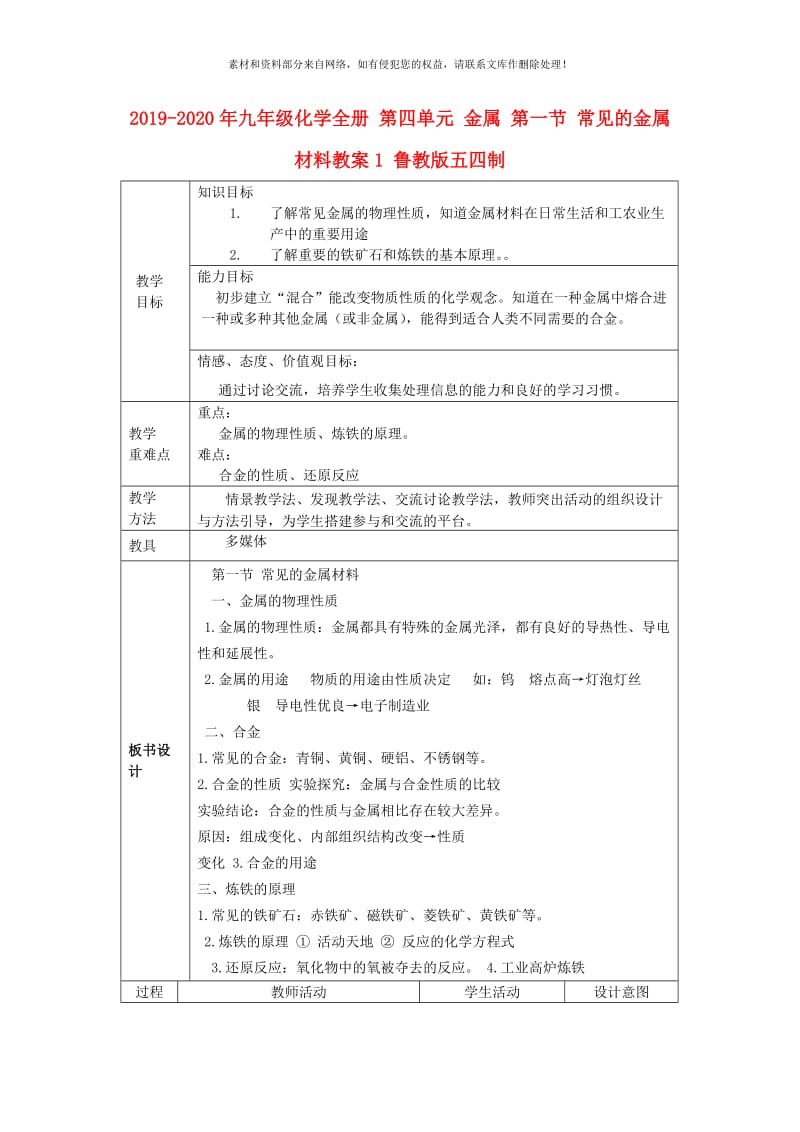 2019-2020年九年级化学全册 第四单元 金属 第一节 常见的金属材料教案1 鲁教版五四制.doc_第1页