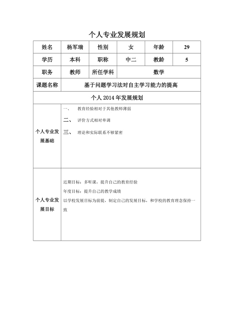 杨军瑞个人专业发展规划.docx_第1页