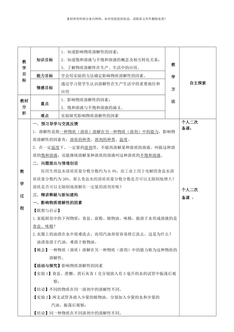 2019-2020年九年级化学全册 第六章 溶解现象 6.3 物质的溶解性教案1 （新版）沪教版.doc_第2页