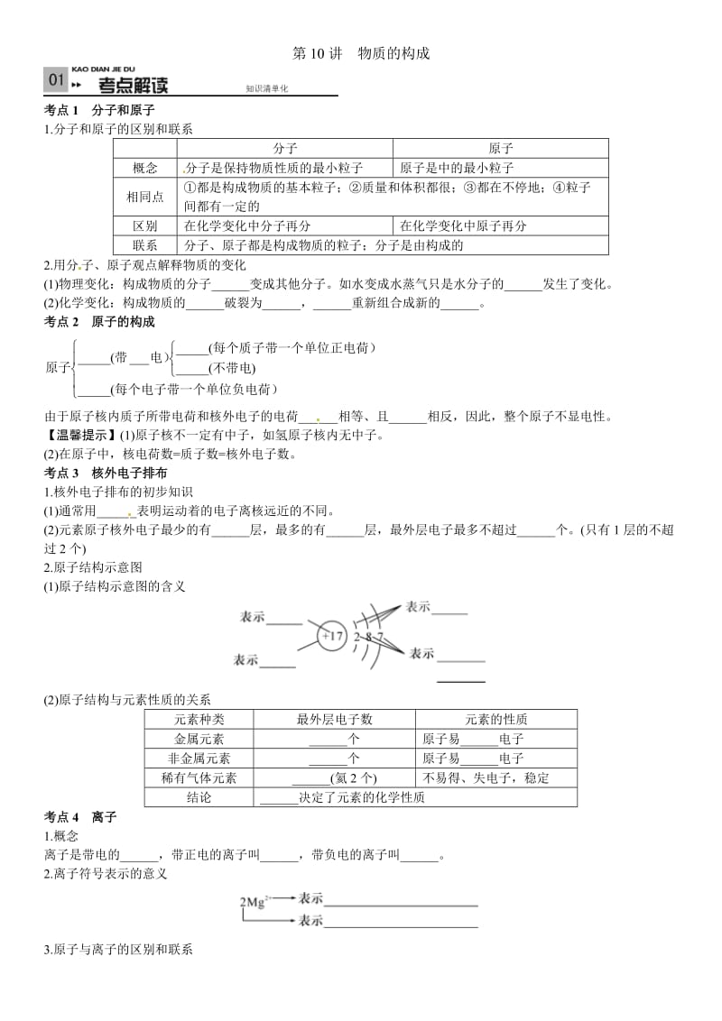 考前考前100天中考化学复习第10讲物质的构成.doc_第1页