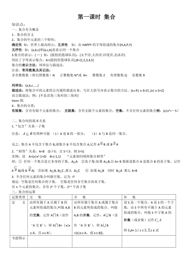 第一课时 集合知识点+课堂练习+课后作业+答案 金典练习....doc_第1页