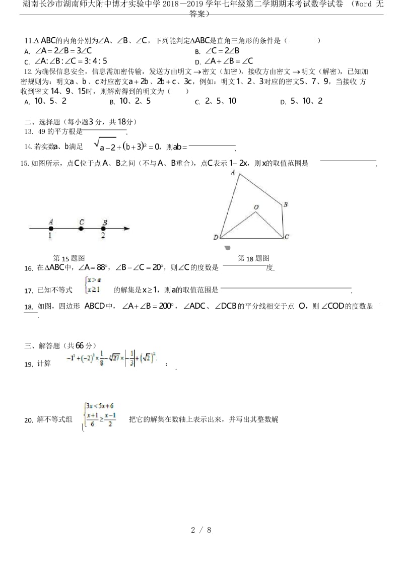 湖南长沙市湖南师大附中博才实验中学2018—2019学年七年级第二学期期末考试数学试卷 (Word .docx_第2页