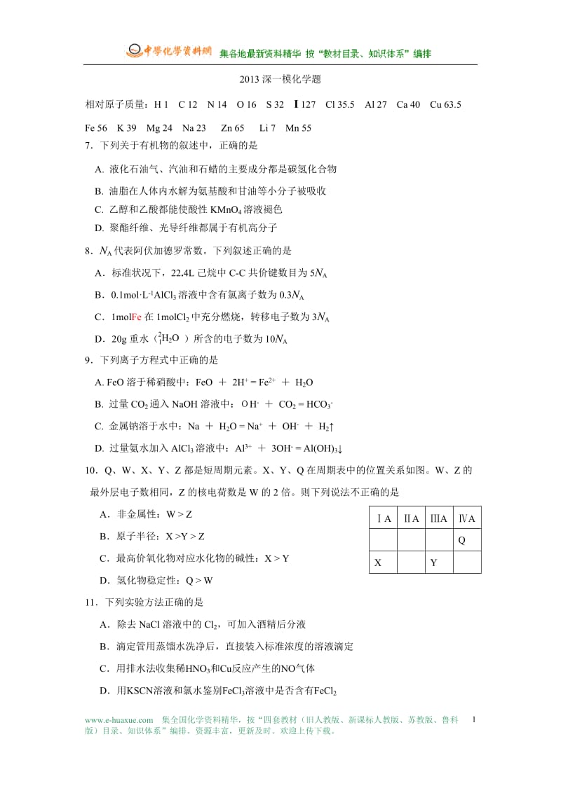 2013深圳一模化学题.doc_第1页