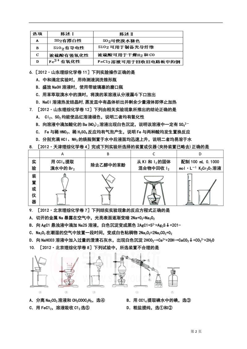 2012年高考化学试题分类解析汇编：化学实验.doc_第2页