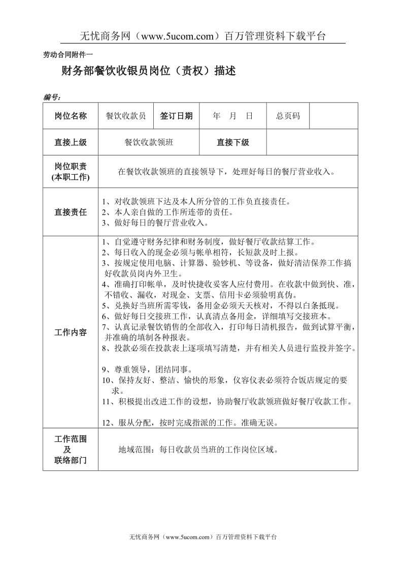 财务部餐饮收款员岗位职责说明.doc_第1页