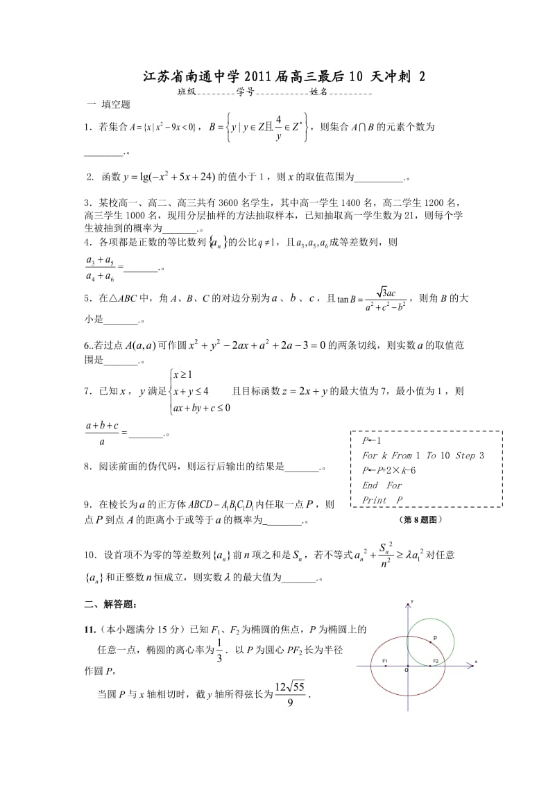 江苏省南通中学高三最后10天冲刺2.doc_第1页