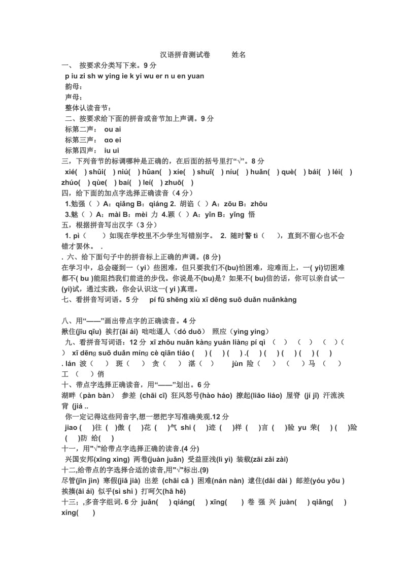 汉语拼音测试卷姓名小小萍萍.doc_第1页