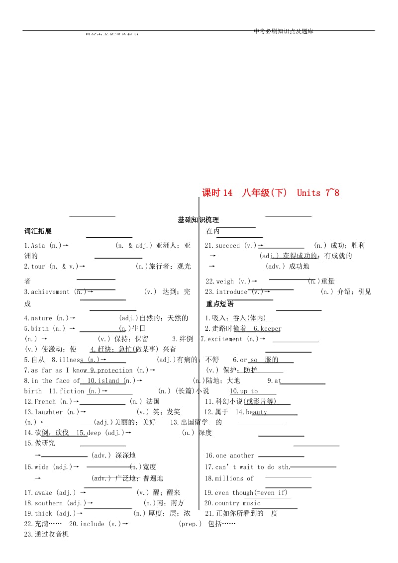 陕西省中考英语复习知识梳理课时14八下Units7-8基础知识梳理检测.docx_第1页