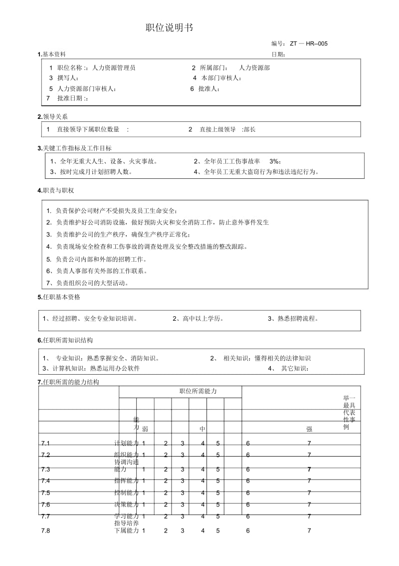 人力资源管理员职位说明书.docx_第1页