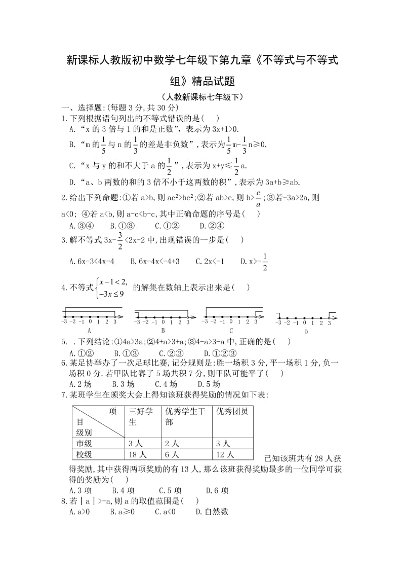 新课标人教版初中数学七年级下第九章《不等式与不等式组》精品试题.doc_第1页