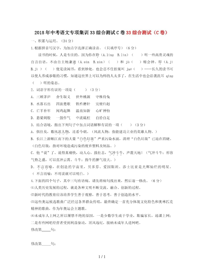 2019年中考语文专项集训33综合测试C卷.docx_第1页