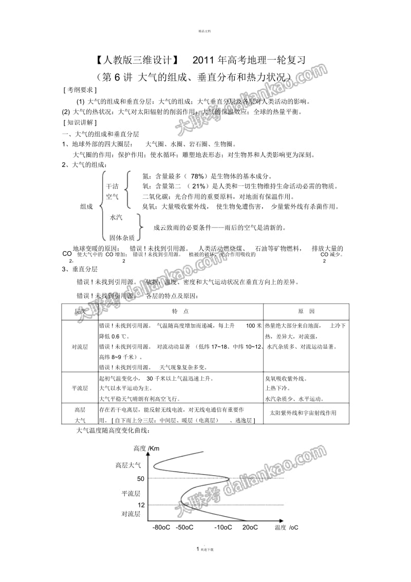 【人教版三维设计】2011年高考地理一轮复习：第6讲大气的组成、垂直分布和热力状况.docx_第1页