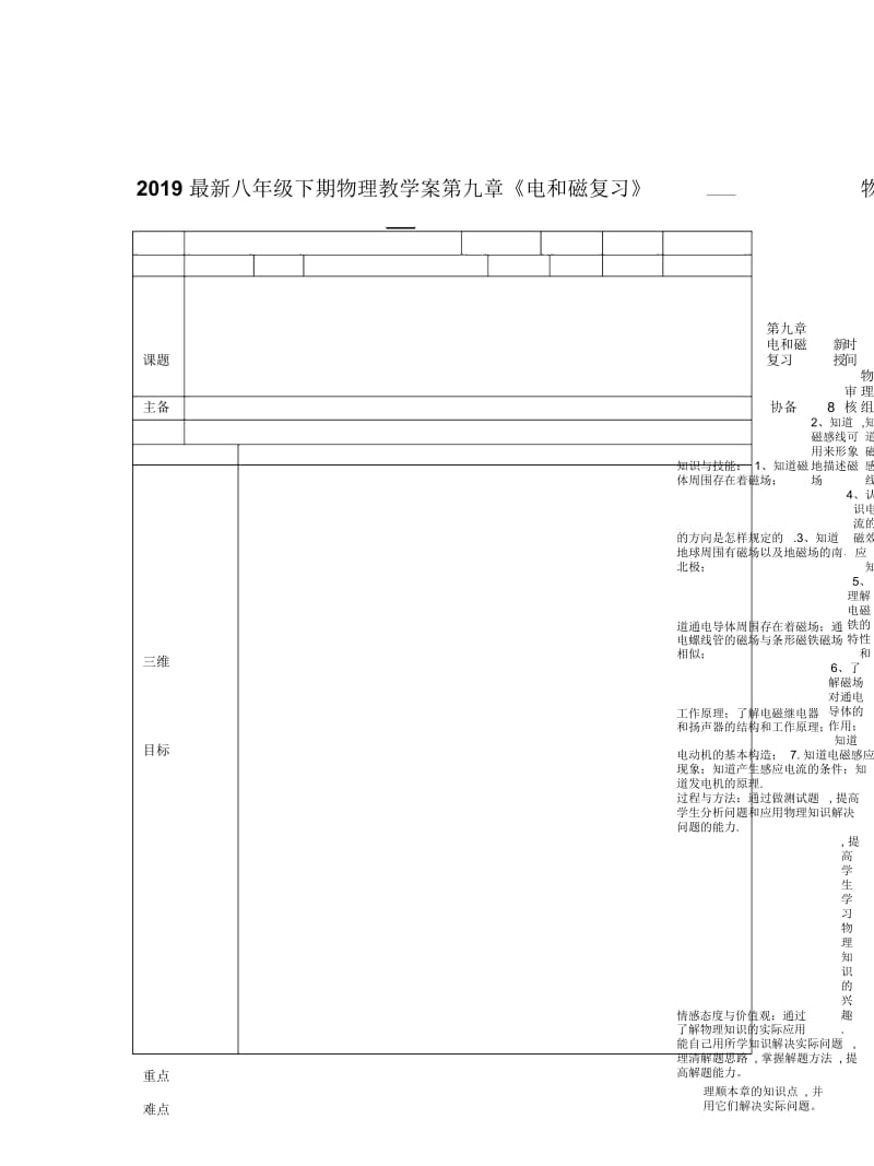 2019最新八年级下期物理教学案第九章《电和磁复习》.docx_第1页