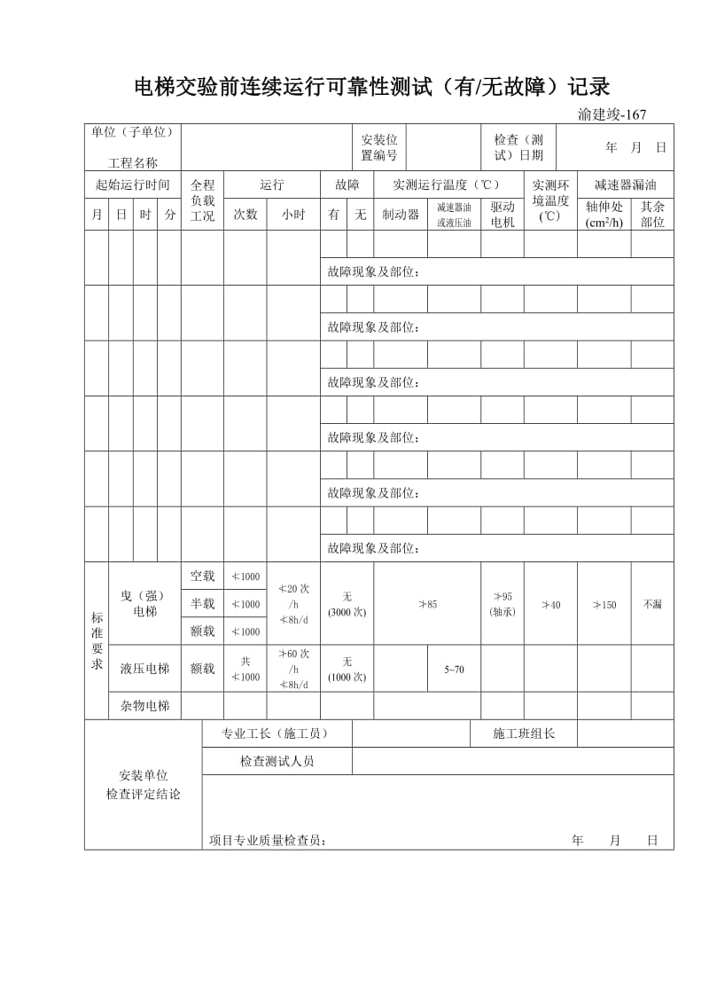 电梯交验前连续运行可靠性测试(有无故障)记录表.doc_第1页