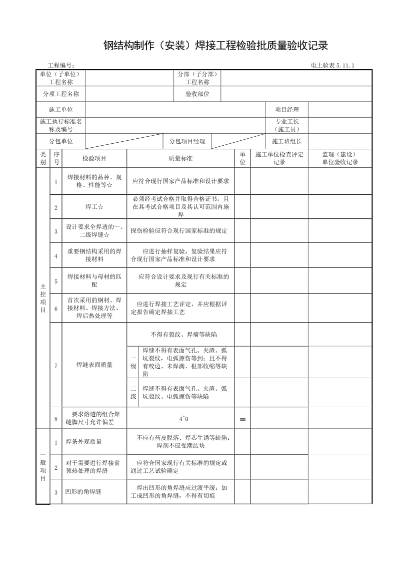 钢结构制作（安装）焊接工程检验批质量验收记录表格汇编.doc_第1页