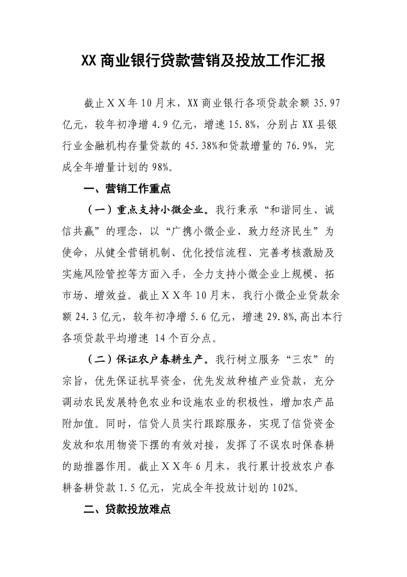 商业银行贷款营销及投放工作汇报.doc_第1页