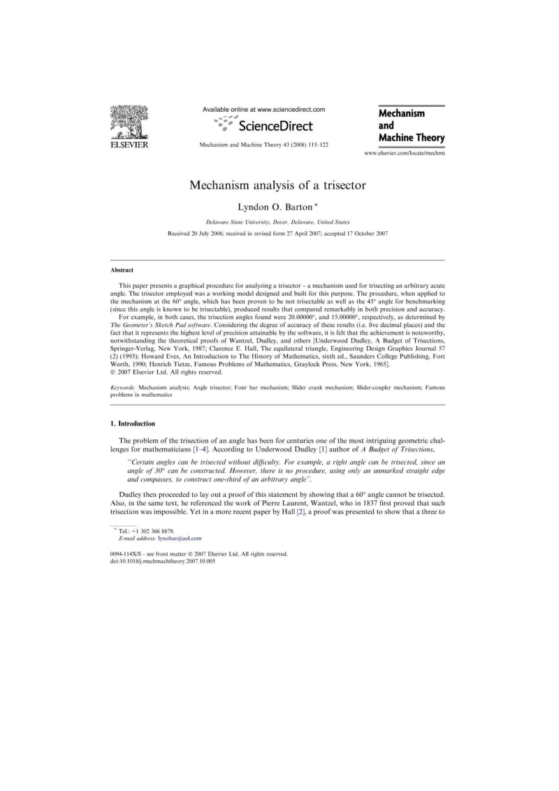 MechanismanalysisofatrisectorMechanismandMachineTheory.doc_第1页