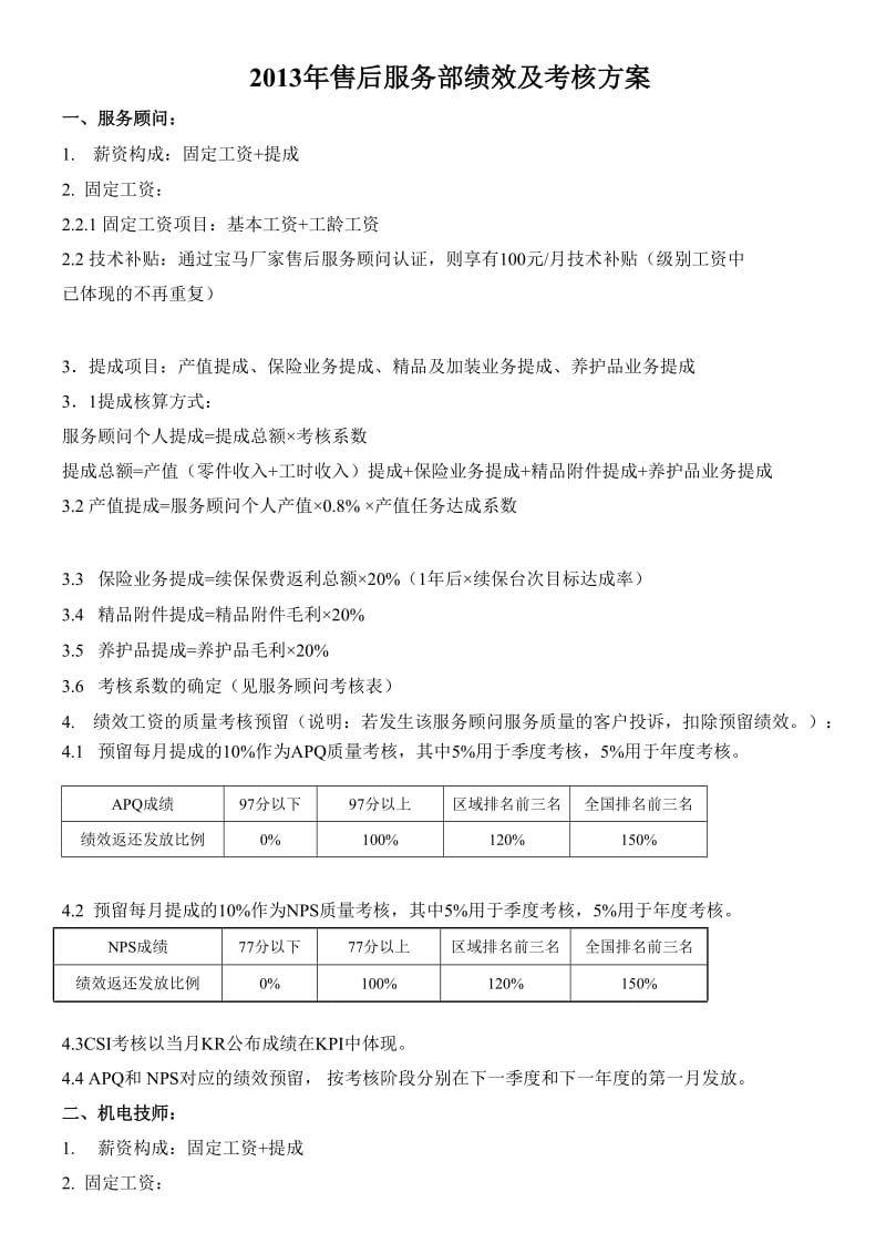 宝马汽车售后服务部绩效及考核方案.doc_第1页