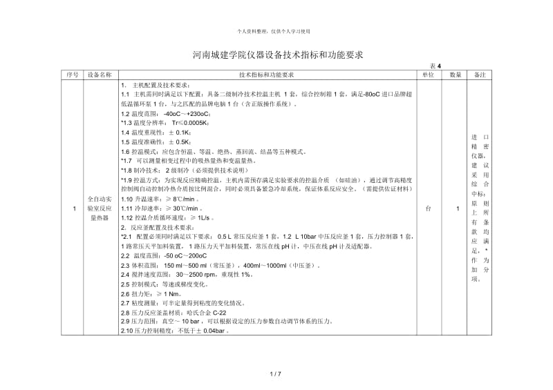 河南城建学院仪器设备技术指标和功能要求.docx_第1页