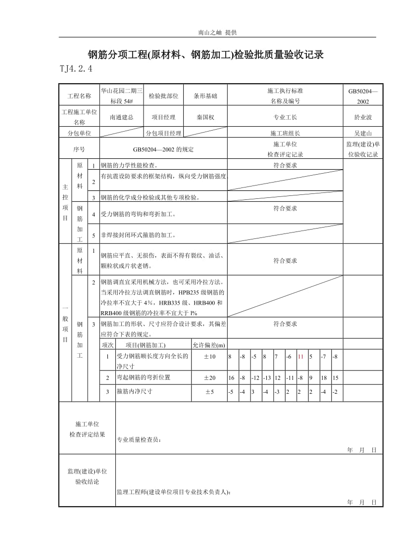 093 钢筋分项工程(原材料、钢筋加工)检验批质量验收记录 TJ4-2-.doc_第1页