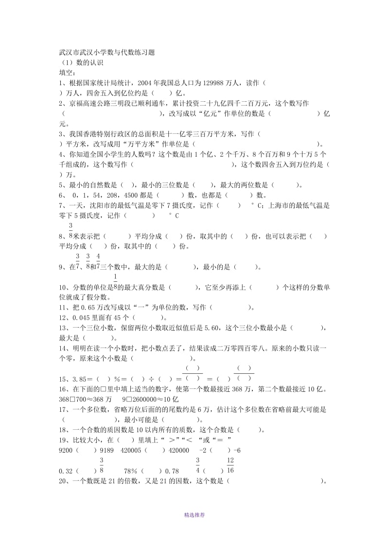 武汉武汉小学数与代数练习题Word版.DOC_第1页