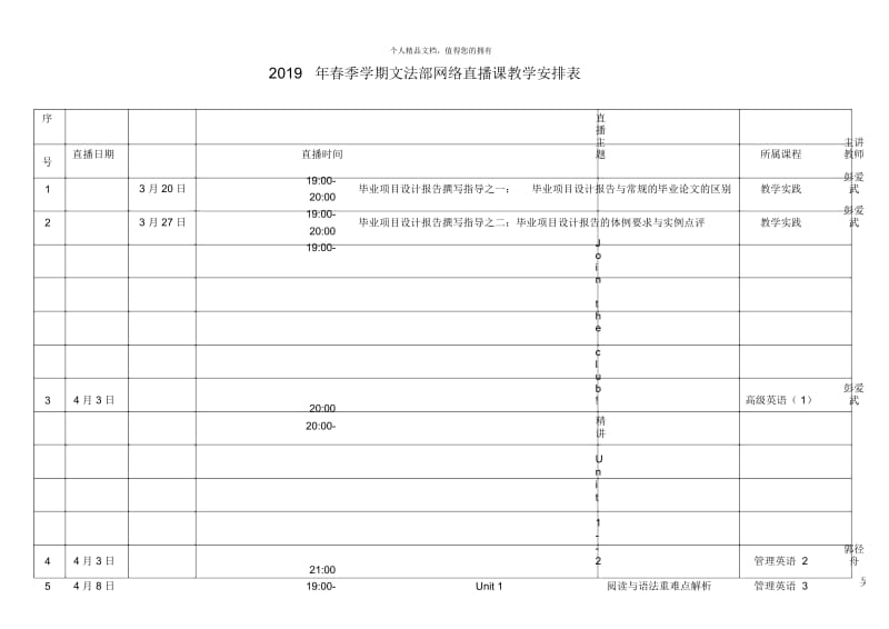 2019年春季学期文法部网络直播课教学安排表.docx_第1页