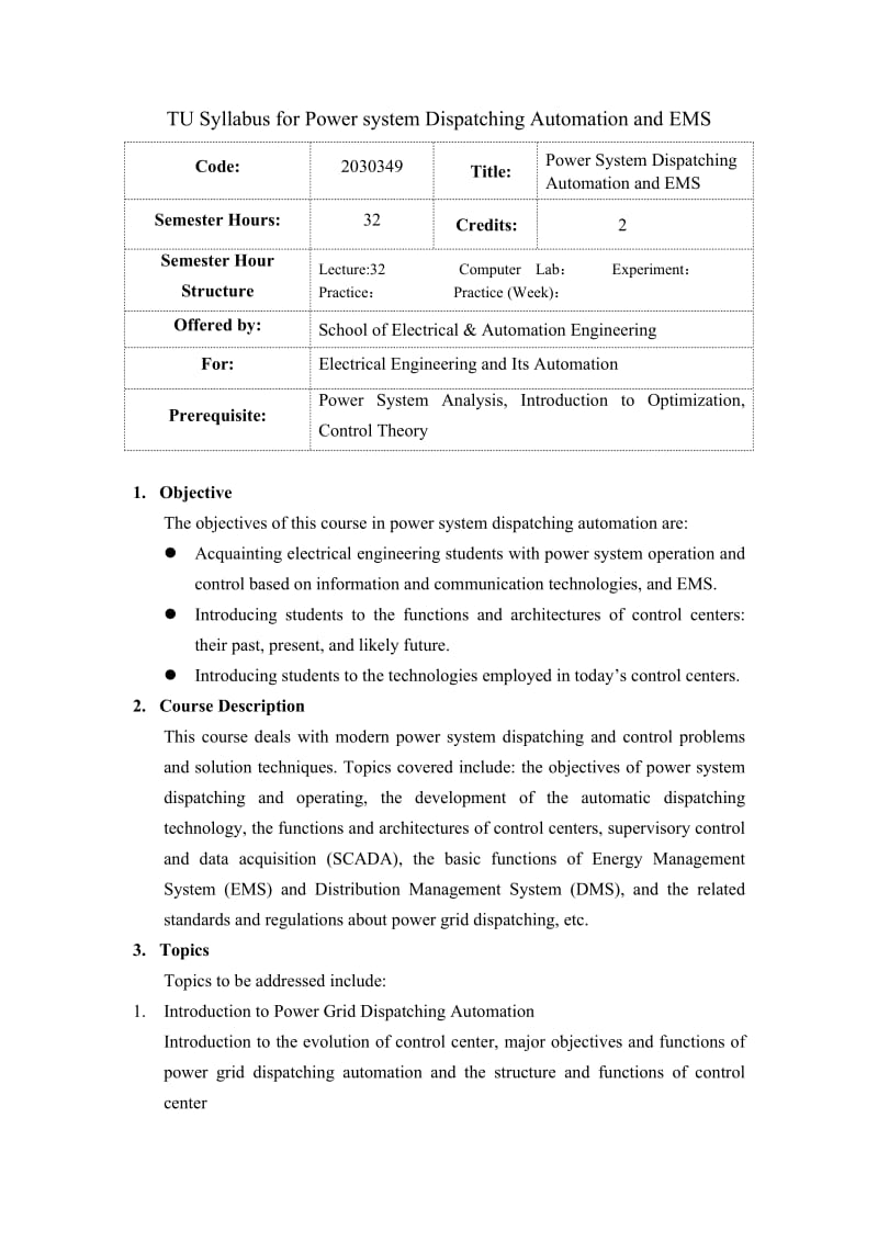 天津大学《电力系统调度自动化及EMS》课程教学大纲.doc_第3页