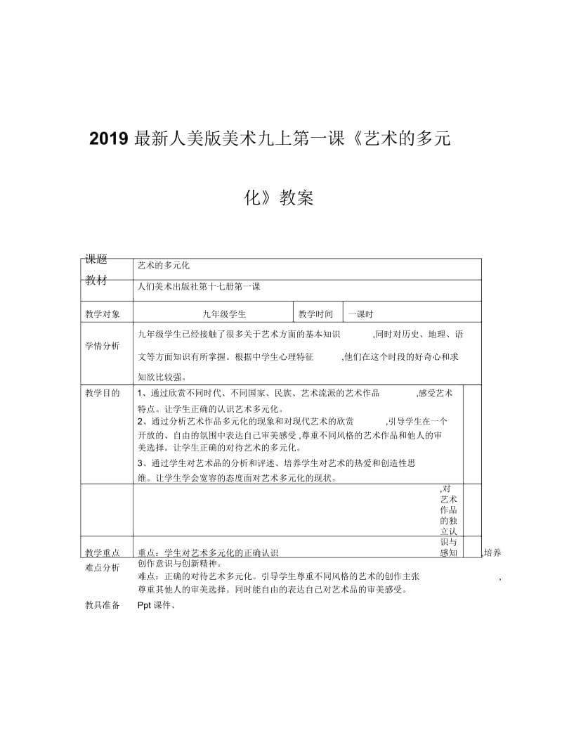 2019最新人美版美术九上第一课《艺术的多元化》教案.docx_第1页