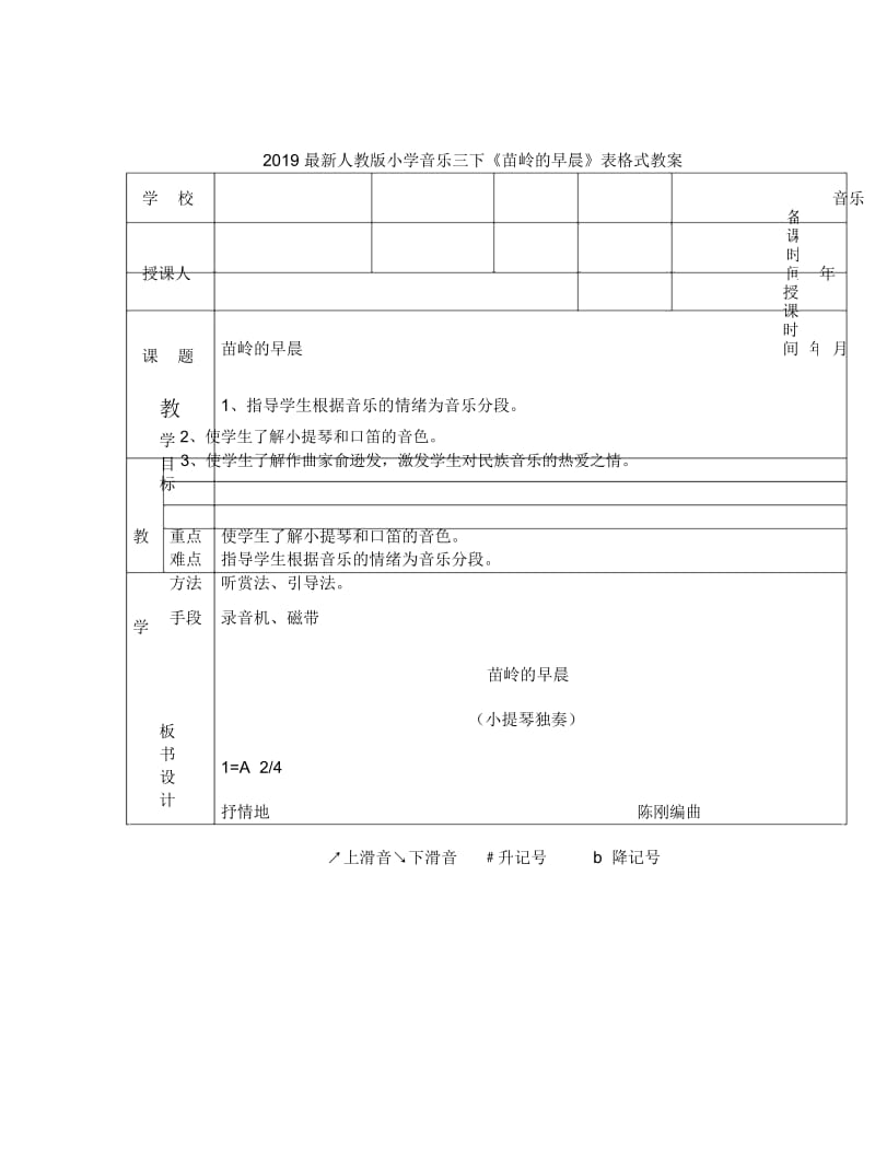 2019最新人教版小学音乐三下《苗岭的早晨》表格式教案.docx_第1页