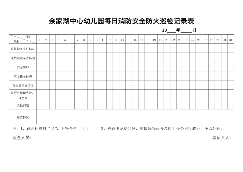 余家湖中心幼儿园每日消防安全防火巡检记录表.doc_第1页