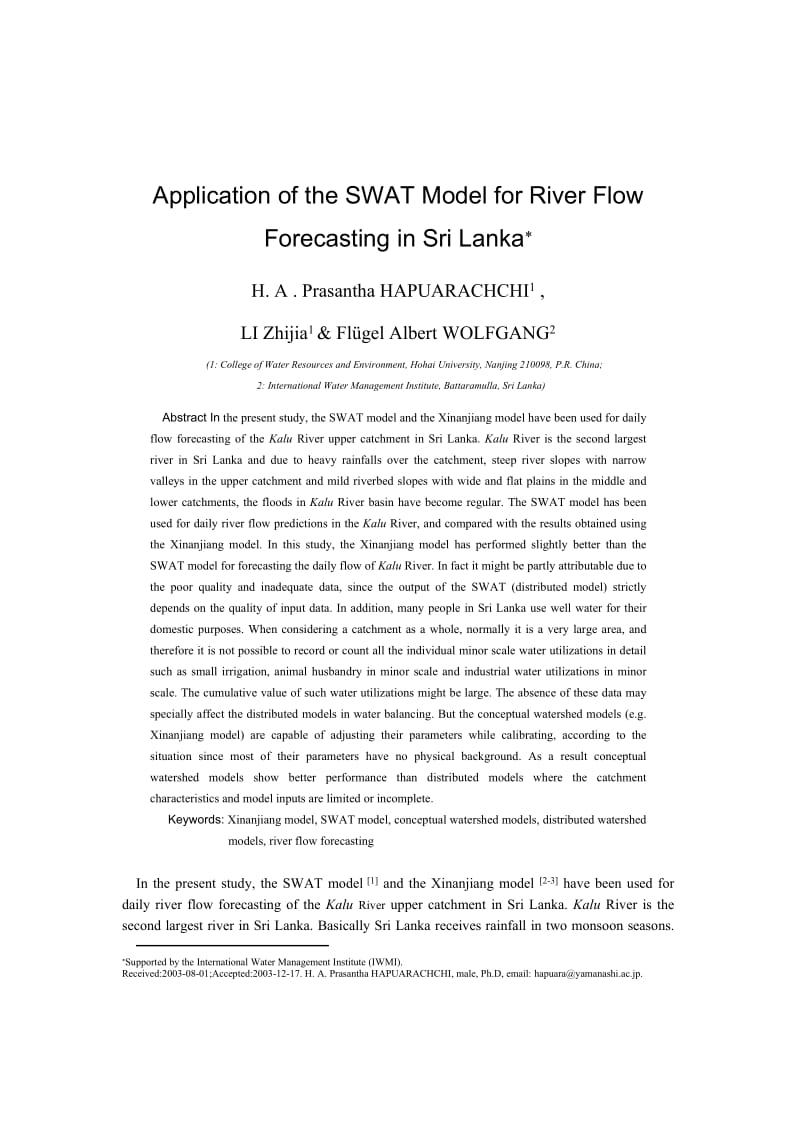 APPLICATION OF THE SWAT MODEL FOR RIVER FLOW FORECASTING IN SRI LANKA.doc_第1页